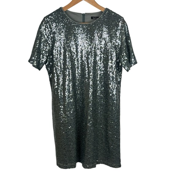 Boohoo Pewter Sequin Mini Dress Women's Size 6 Party Cocktail Lined Sparkly Glam - Picture 1 of 7